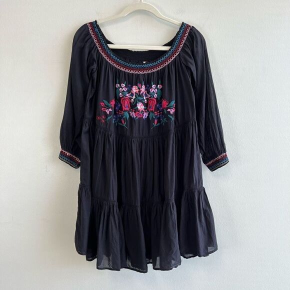 Free People Sunbeams Dress Embroidered Off Shoulder Mini Black Dress M BOHO - Picture 4 of 12